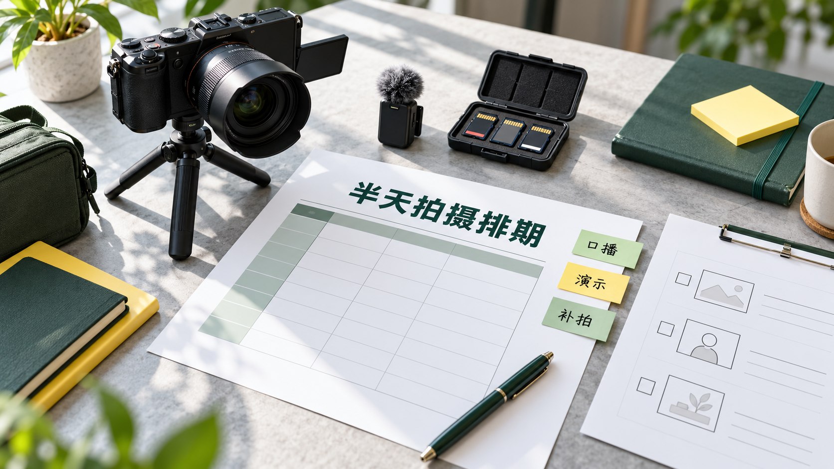 半天拍摄排期示意图：口播、演示与补拍